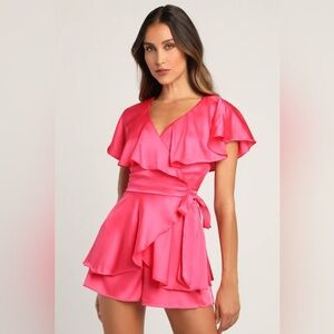 DO+BE Miss Bliss Hot Pink Satin Ruffled Short Sleeve Wrap Romper